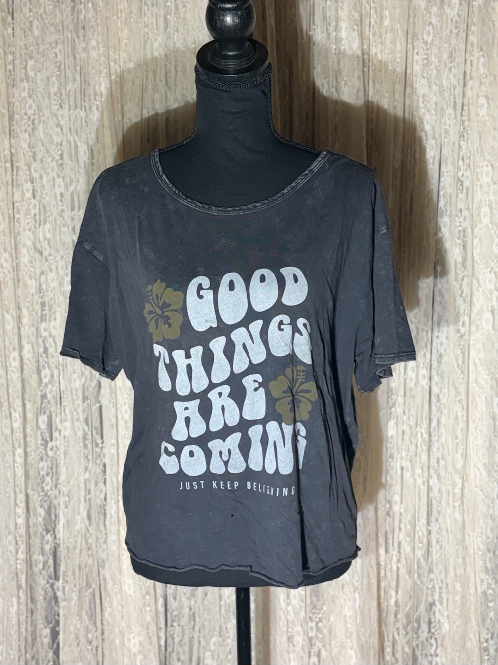 Caution To The Wind Black Graphic Tee with Green Floral Accents